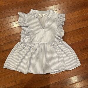Laroque light blue and white striped ruffled sleeveless peplum top.